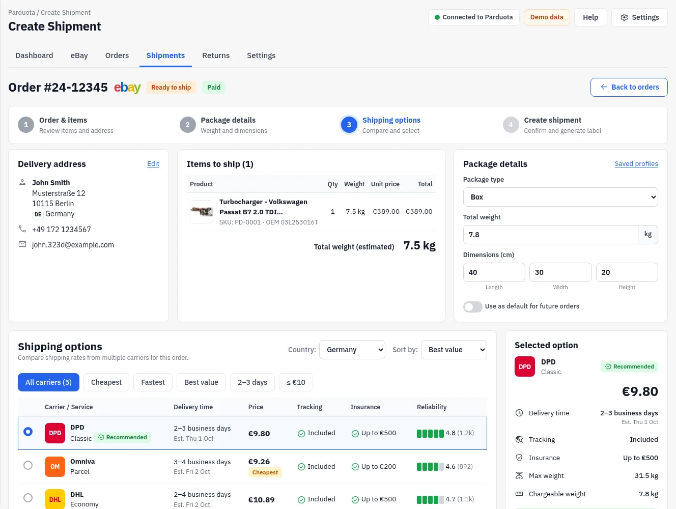 Comparing shipping options for an eBay order