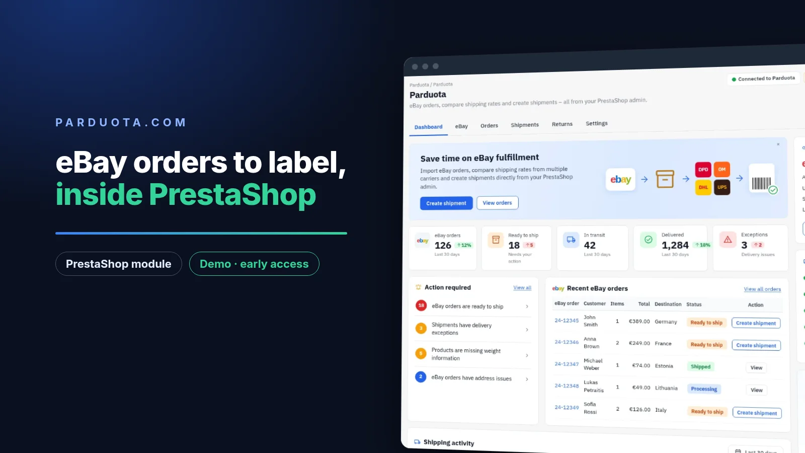 The Parduota module dashboard inside the PrestaShop back office
