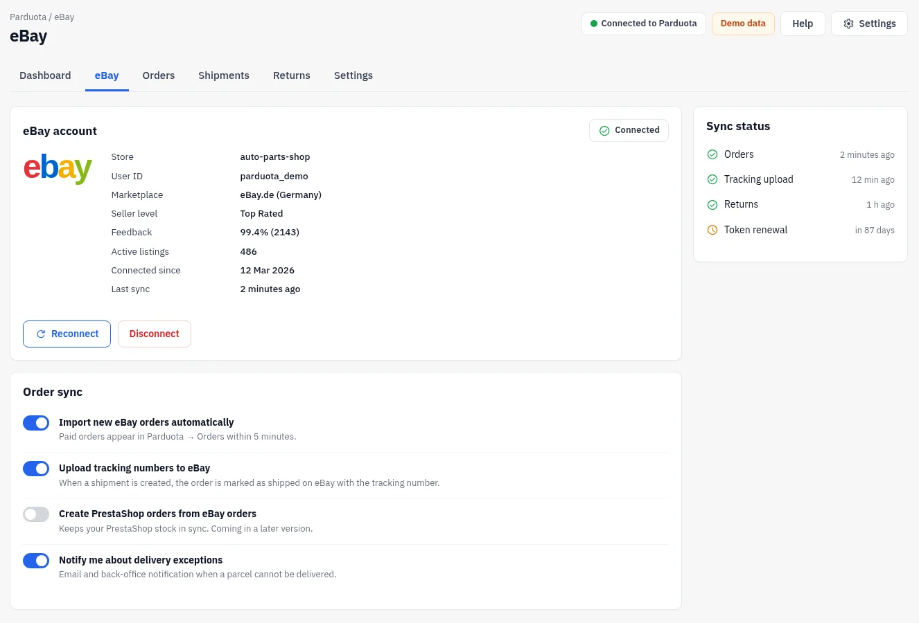 The eBay screen of the Parduota module: a connected eBay account and switches for importing orders and uploading tracking numbers